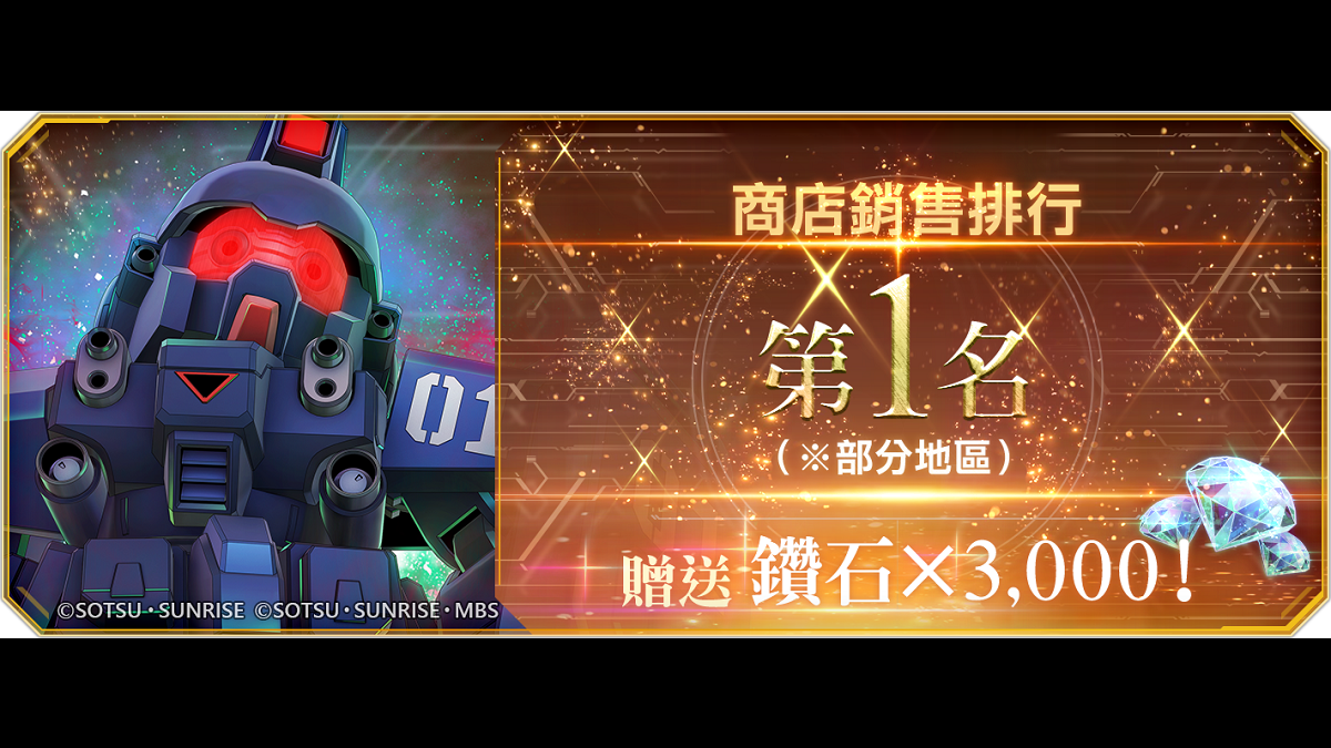 App Store、Google Play專用應用程式 《SD鋼彈 G世代 永恆》歡慶日本國外部分地區榮登商店銷售排行第一名， 贈送全體玩家鑽石3,000個（可進行10次機體補給）！