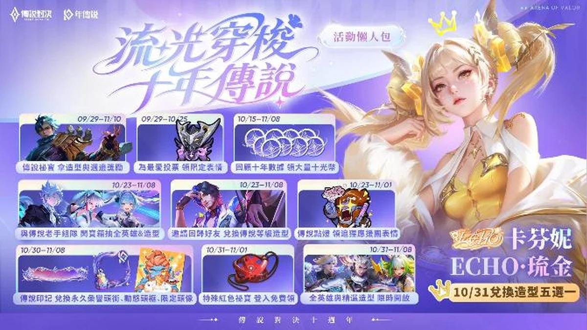 《Garena 傳說對決》十週年活動接力開跑 10/31 登入免費兌換稀世造型五選一、抽全英雄全造型